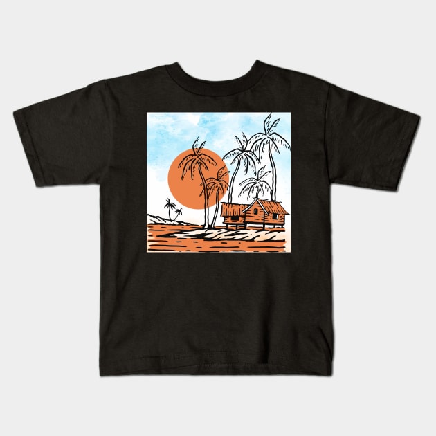 Tropical Vibes, Nature illustration landscape hut, palm trees on a cloudy blue sky, Rural summer Kids T-Shirt by Modern Art